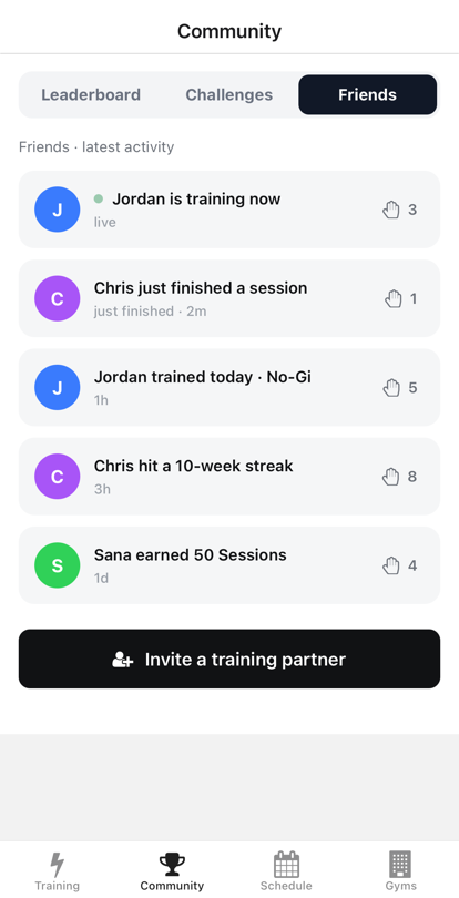 Mat Track friends feed of recent training sessions from your partners