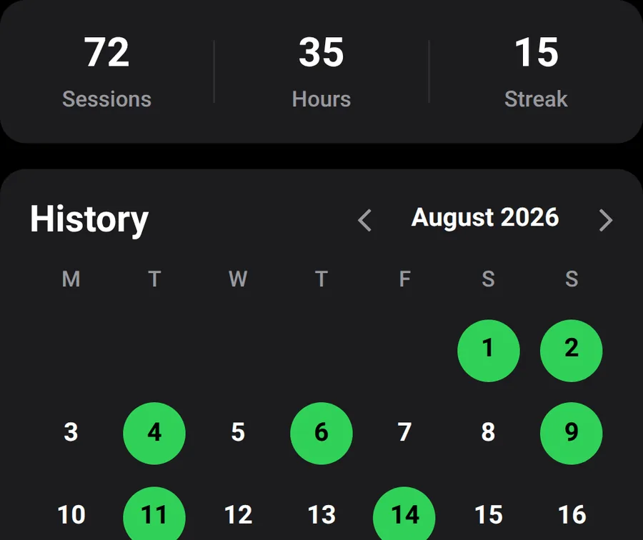 Training log with totals and a month calendar of sessions