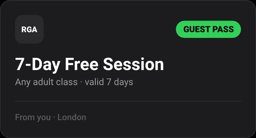 Guest pass card: 7-day free session, any adult class, valid 7 days