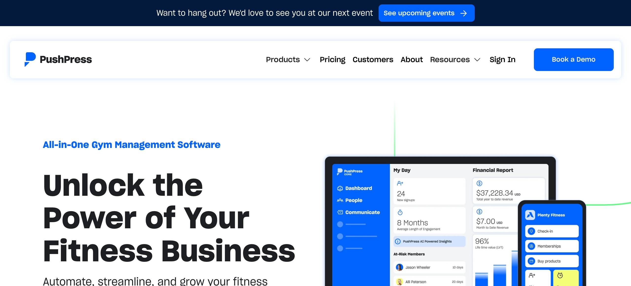 PushPress's homepage, all-in-one gym management software